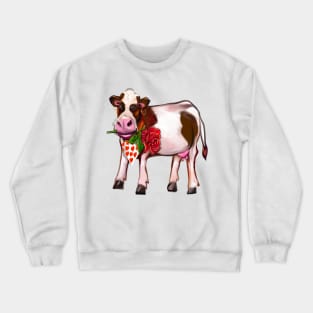 cute funny cow holding a red rose in it’s mouth and sporting a scarf with red love hearts Happy Valentines Day Crewneck Sweatshirt